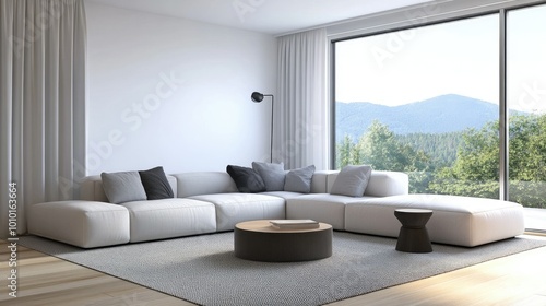 Minimalist living room with sectional sofa and area rug