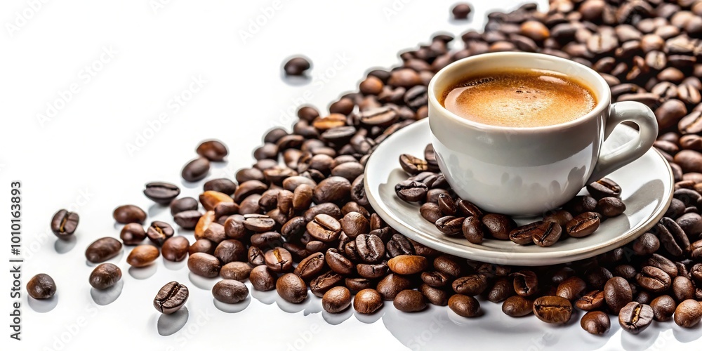 Espresso essence cup of rich coffee with scattered beans on white background, asymmetrical Espresso essence cup of rich coffee with scattered beans on white background, asymmetrical
