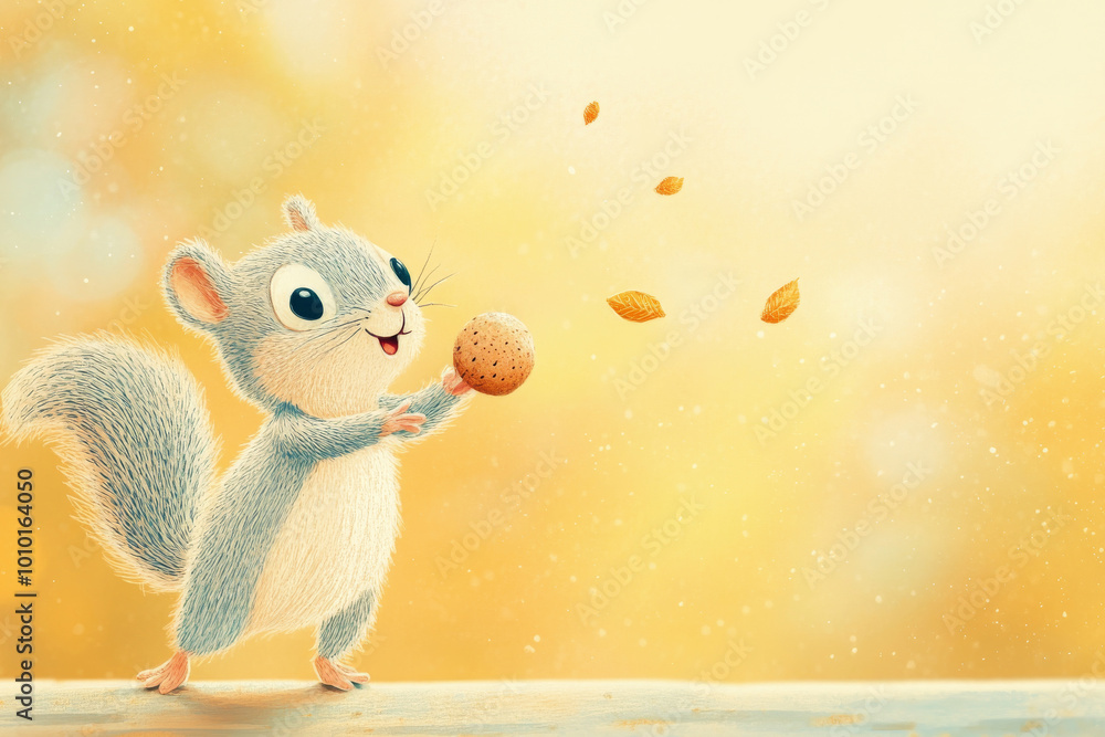A happy squirrel holding a nut, surrounded by soft autumn colors, perfect for children’s stories and fall illustrations. A happy squirrel holding a nut, surrounded by soft autumn colors, perfect for children’s stories and fall illustrations.