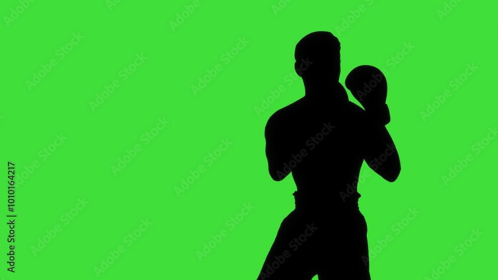 An animated silhouette of a boxing character standing idle with a green screen background. The scene captures readiness and focus, ideal for video compositing, motion graphics, or creative overlays.