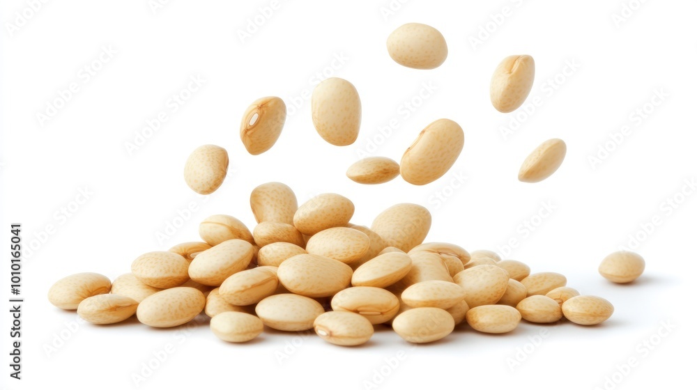 A pile of light-colored beans with some beans in mid-air. A pile of light-colored beans with some beans in mid-air.