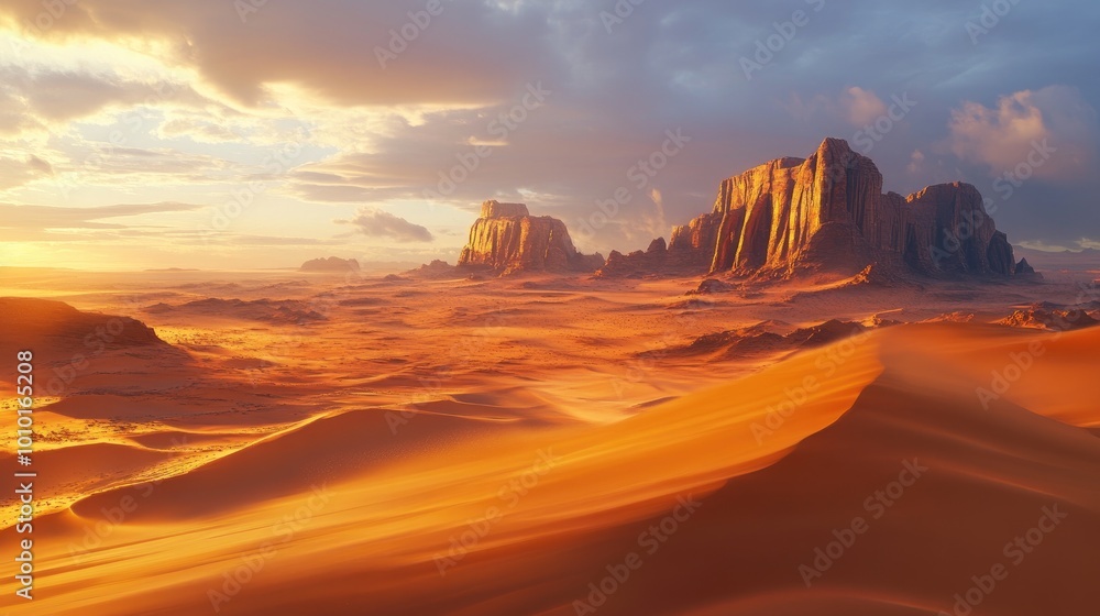 Naklejka premium Golden Hour Desert Landscape with Rock Formations