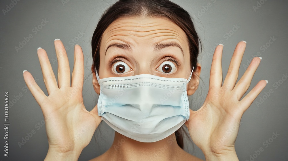 A young woman wearing a protective face mask looks surprised with her hands raised in front of her. A young woman wearing a protective face mask looks surprised with her hands raised in front of her.