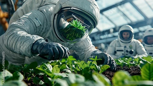 An astronaut in a white spacesuit tends to a garden of green plants, possibly on a space station or other extraterrestrial environment.