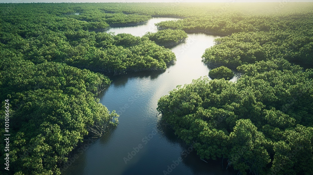 Aerial View of a Lush Mangrove Forest with a Winding River Aerial View of a Lush Mangrove Forest with a Winding River