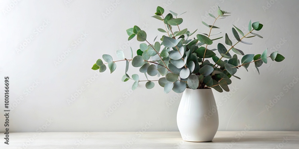Eucalyptus branches in white ceramic vase point of view Eucalyptus branches in white ceramic vase point of view