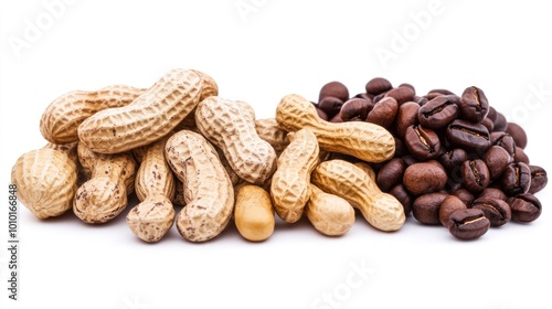 A pile of peanuts and coffee beans arranged side by side on a white background.