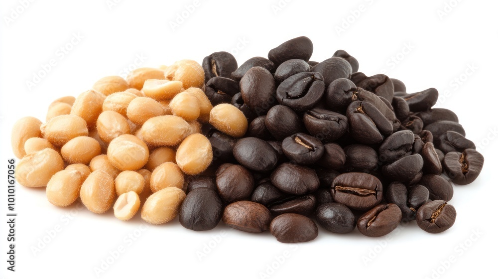 Fototapeta premium A pile of light and dark roasted coffee beans, showcasing different roast levels.