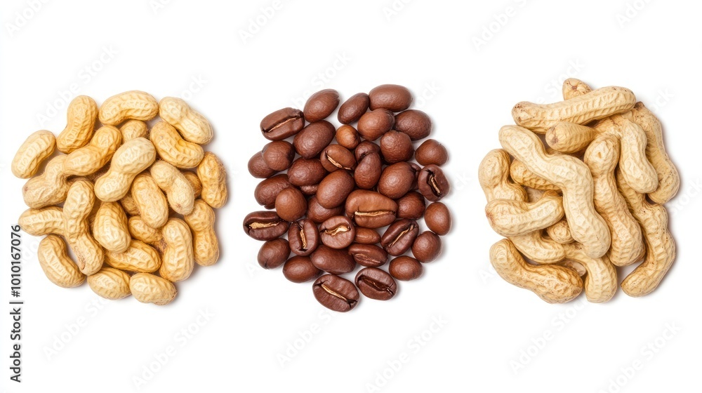 Three piles of peanuts and coffee beans arranged for visual appeal. Three piles of peanuts and coffee beans arranged for visual appeal.