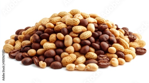 A pile of assorted nuts and coffee beans, showcasing a variety of textures and colors.