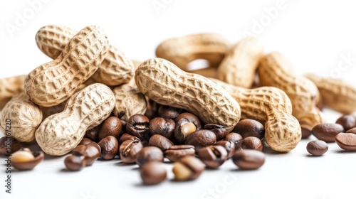 A close-up of peanuts and coffee beans arranged artistically on a white background.