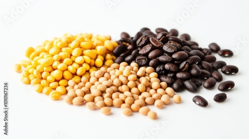 A collection of various dried beans and legumes on a white background.