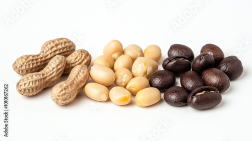 A variety of nuts displayed peanuts, blanched peanuts, and roasted coffee beans.