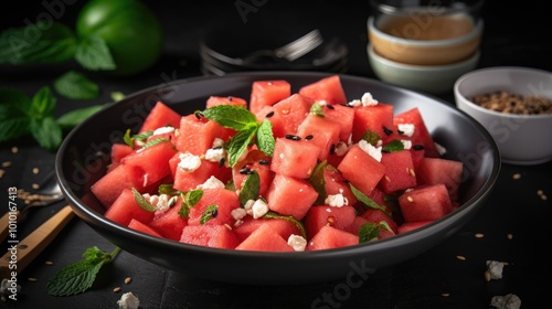 Watermelon Salad with Feta Cheese and Mint in a Black Bowl