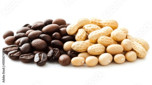 A mix of coffee beans and peanuts arranged aesthetically.