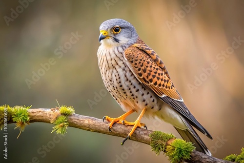 European kestrel perched on branch in tree aerial view