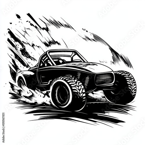 Black and white illustration of a dune buggy speeding through the desert. photo