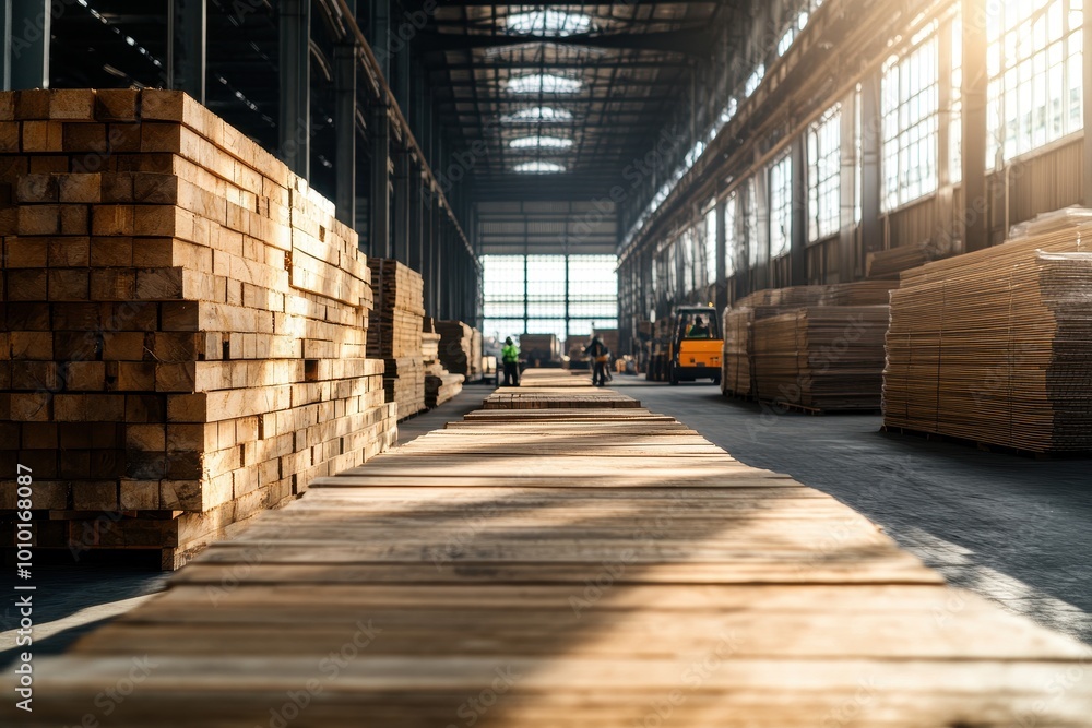 Warehouse Interior with Rows of Wooden Materials Warehouse Interior with Rows of Wooden Materials