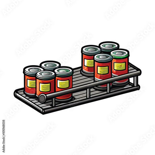 A conveyor belt carrying a row of canned goods.