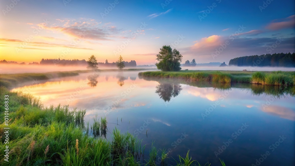 Evening nature summer with white fog reflected in the field Evening nature summer with white fog reflected in the field