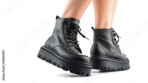 Close-up of a woman's legs wearing black platform boots isolated on a white background.