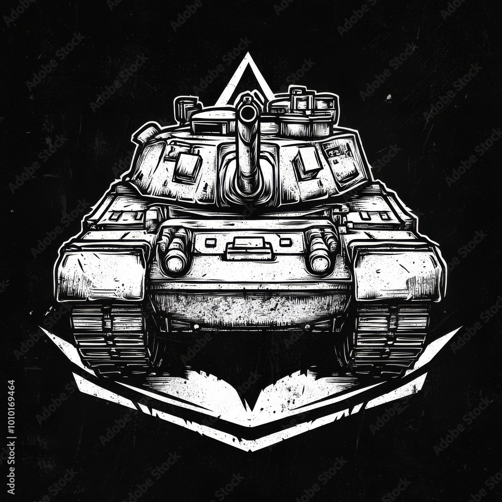 Black and white illustration of a military tank with a geometric design ...