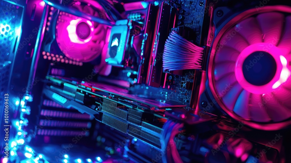Close-up of a Computer's Interior with Neon Blue and Pink Lighting Close-up of a Computer's Interior with Neon Blue and Pink Lighting