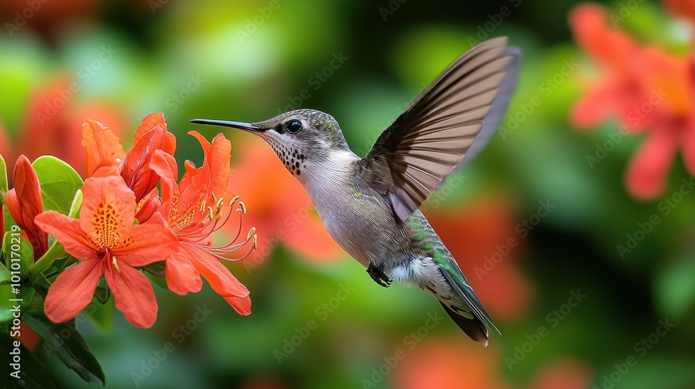 Fototapeta premium A hummingbird hovers in mid-air, its wings a blur, as it sips nectar from a bright orange flower.