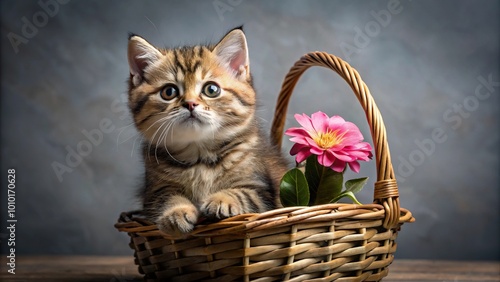 exotic kitten on grey background with flower on basket