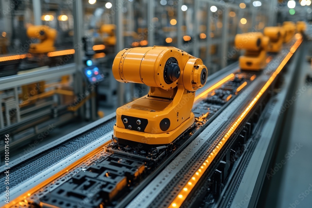 Industrial Robot Arm on Assembly Line Industrial Robot Arm on Assembly Line