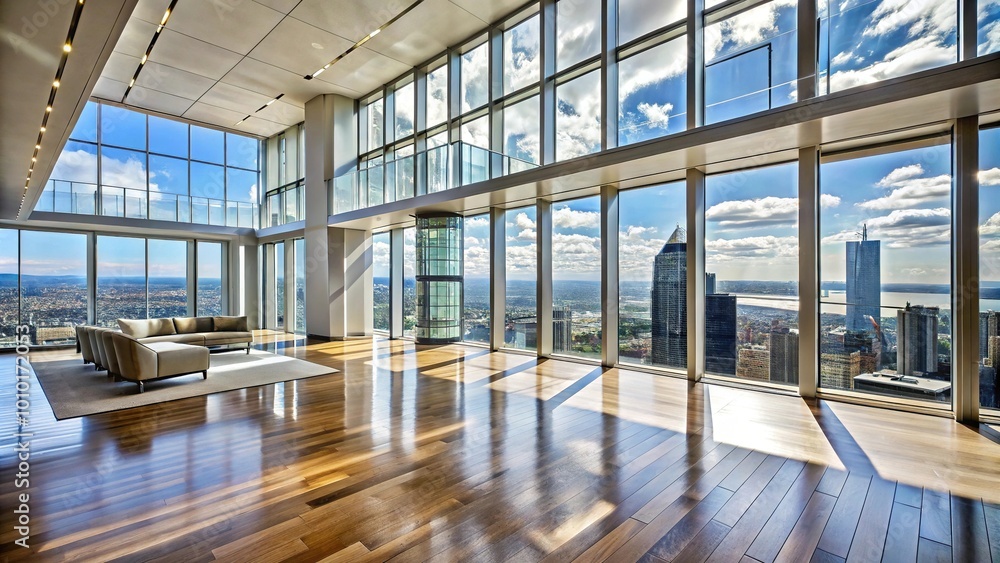 Expansive penthouse with floor to ceiling windows showcasing luxury interior design Expansive penthouse with floor to ceiling windows showcasing luxury interior design