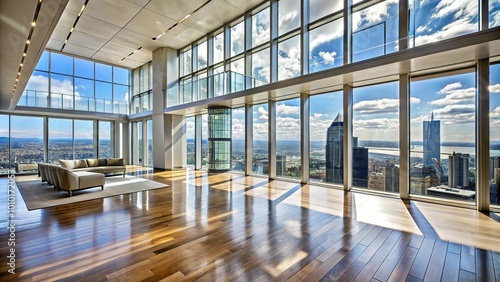 Expansive penthouse with floor to ceiling windows showcasing luxury interior design