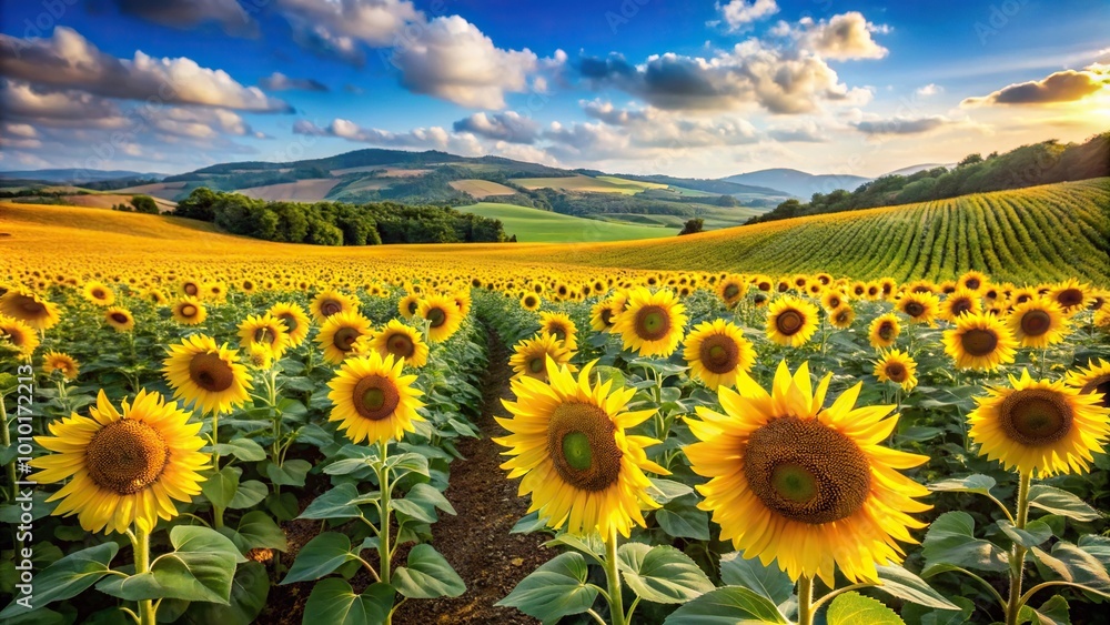 Fototapeta premium Expansive sunflower field with hillside backdrop
