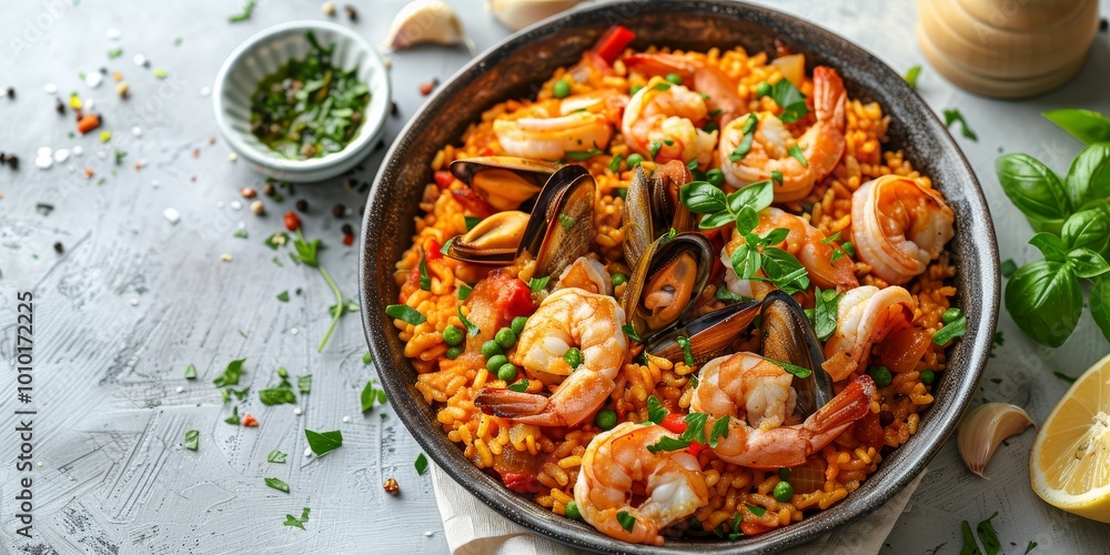 Create a realistic image of Plate of seafood paella on a plain white table Create a realistic image of Plate of seafood paella on a plain white table