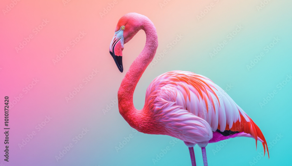 Fototapeta premium A vibrant pink flamingo stands gracefully against a gradient pastel background, showcasing its elegant pose and striking plumage.