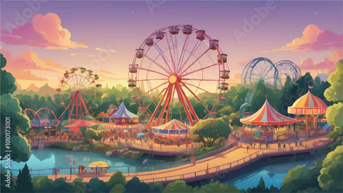 Whimsical Cartoon-Style Amusement Park at Sunset

