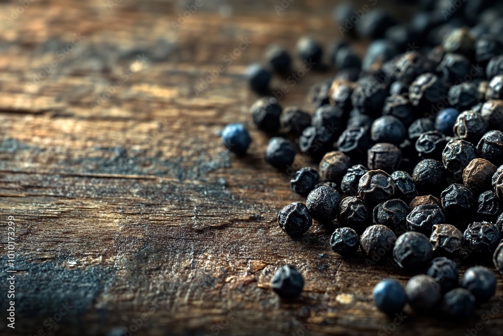 Close-up of black peppercorns scattered on a rustic wooden surface. Close-up of black peppercorns scattered on a rustic wooden surface.