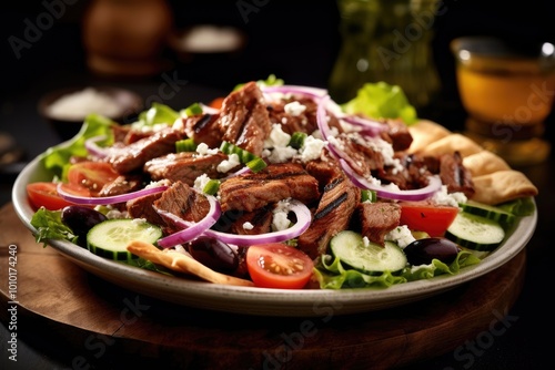 Grilled Steak Salad with Feta Cheese, Cucumber, Tomatoes, Red Onions, and Pita Bread