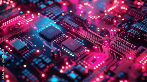 Close up of a computer circuit board with glowing lights.