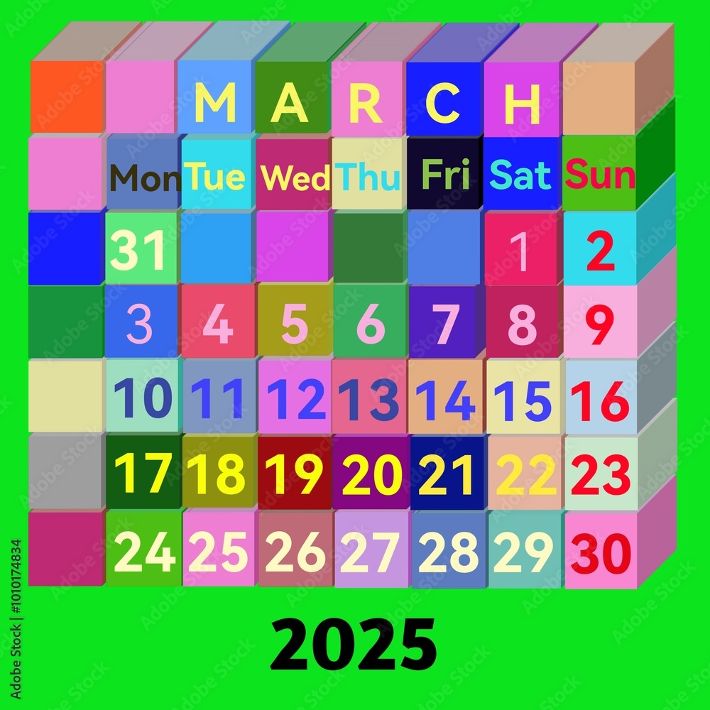 Calendar for the month of march 2025 , using a 3d cube. Vector illustration Calendar for the month of march 2025 , using a 3d cube. Vector illustration