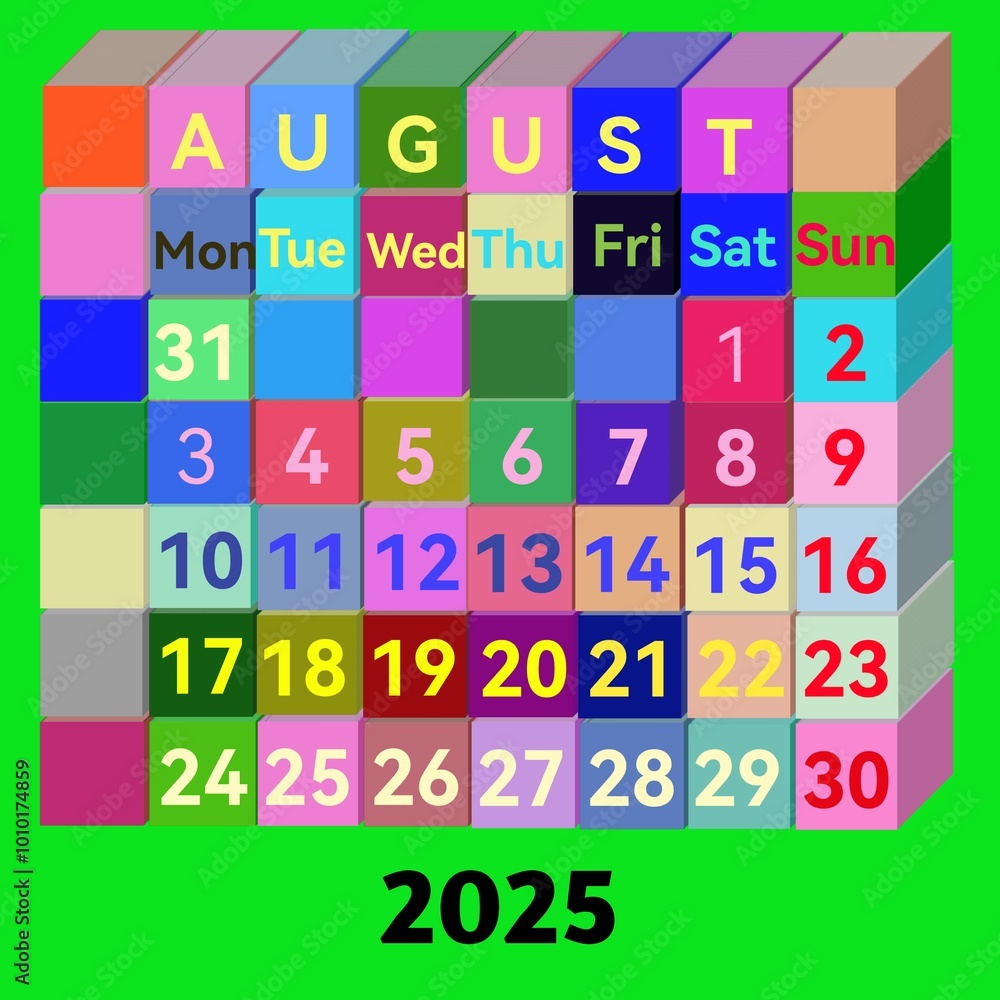 Calendar for the month of August 2025, using a 3d cube. Vector illustration Calendar for the month of August 2025, using a 3d cube. Vector illustration