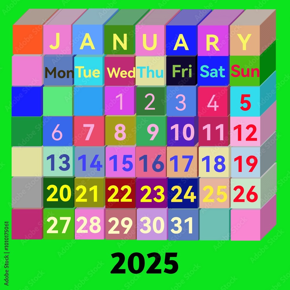 media concept,month of January 2025 calendar using 3d square cubes media concept,month of January 2025 calendar using 3d square cubes