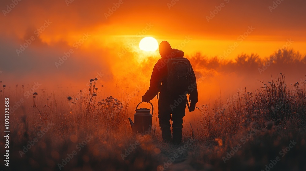 A lone figure walks through a misty field at sunrise, carrying a watering can. A lone figure walks through a misty field at sunrise, carrying a watering can.