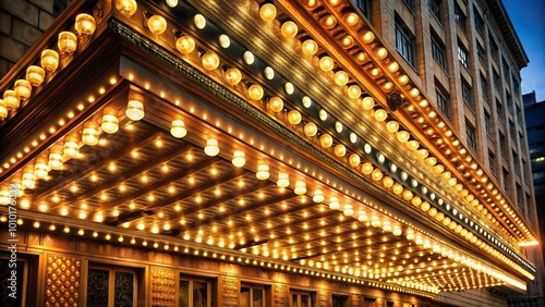 Exterior of Broadway theater with marquee lights illuminating the leading lines