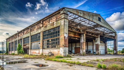 Extreme Close-Up abandoned building destroyed military base hangar garage automotive equipment ruined building