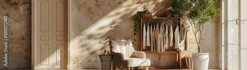 Beautiful interior of living room with comfortable armchair  rack of clothes  door and olive tree