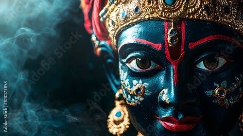 Kali Puja celebration with Kali goddess idol close up portrait. Hindu religious cultural festivities photo