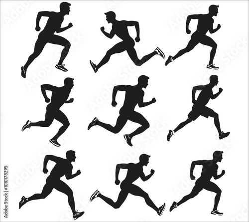 Set of men running silhouettes, People running silhouettes, Running people silhouette set, Black silhouettes of men runner, Men runners silhouettes collection