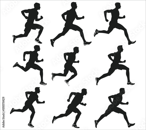 Set of men running silhouettes, People running silhouettes, Running people silhouette set, Black silhouettes of men runner, Men runners silhouettes collection