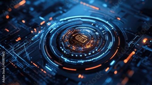 Wallpaper Mural Futuristic Technology Interface with Circular Lights and Data Display Torontodigital.ca